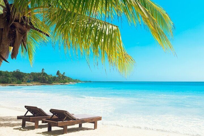 Une plage avec deux chaises longues en bois sous un palmier, une eau d’un bleu limpide et une côte lointaine bordée de végétation. 5