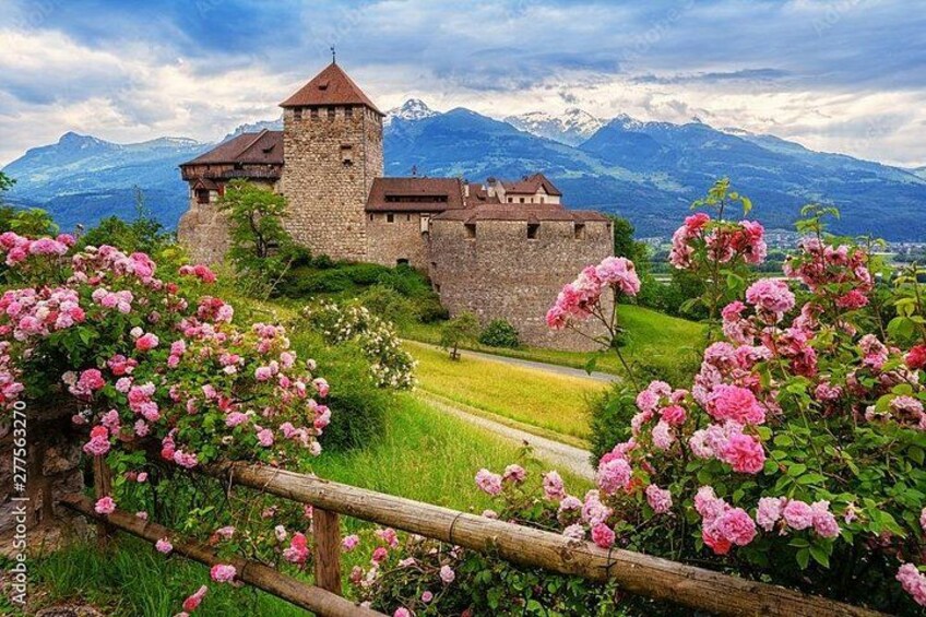 Un château entouré de rosiers roses en pleine floraison, avec des montagnes en arrière-plan. 1