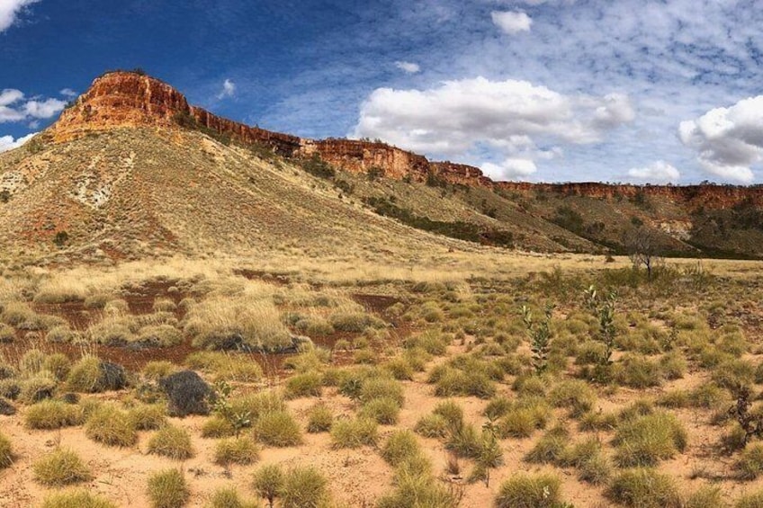 A desert landscape with sparse vegetation, a prominent hill, and a rocky cliff under a partly cloudy sky. 4