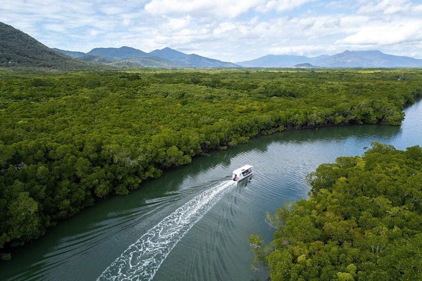 A boat traveling through a river surrounded by dense green vegetation and mountains in the background. 3