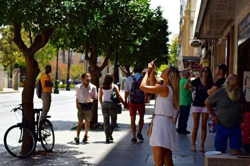 A street scene with pedestrians, a bicycle, and a tree-lined sidewalk. 2