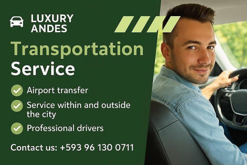 A man driving a car, with a green and white advertisement for a luxury transportation service. 2