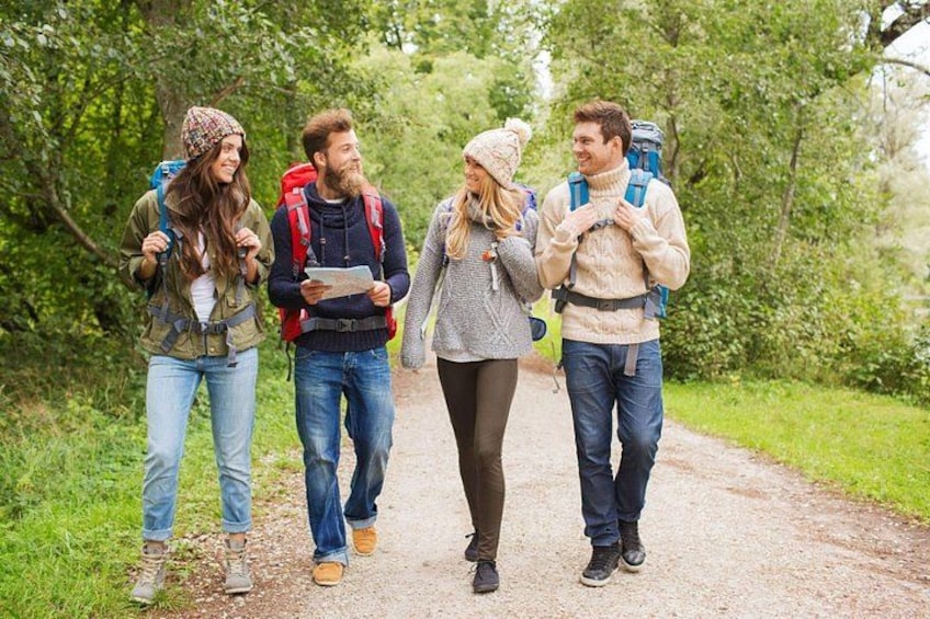 Four people hiking on a dirt path surrounded by greenery. 2