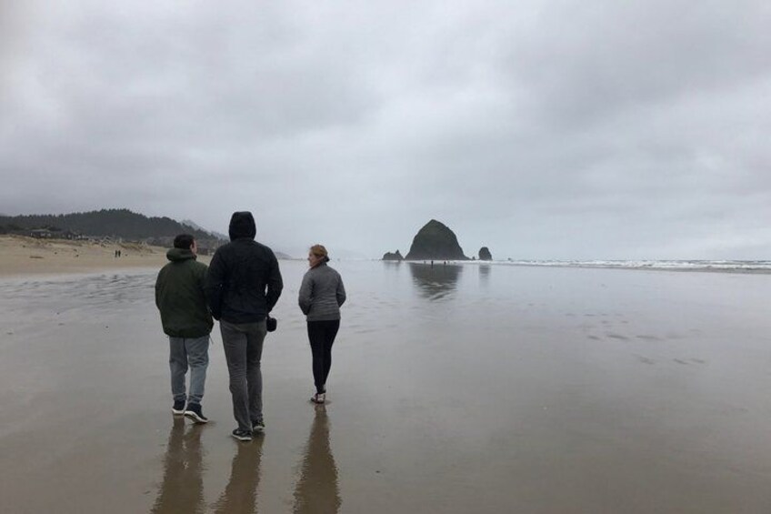 A beach with people walking, a large rock formation, and a cloudy sky. 5