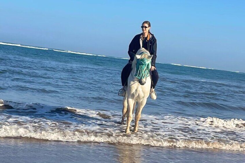 Una persona montando un caballo blanco a lo largo de una playa con olas rompiendo en la orilla. 3