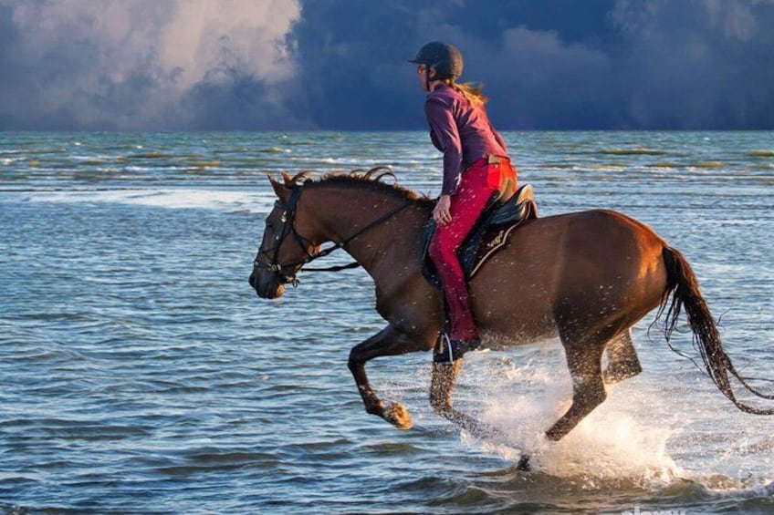 A person riding a horse on a body of water. 4