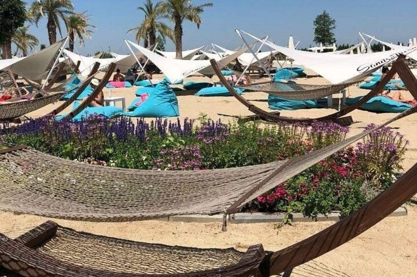 En strand med hängmattor och solstolar, omgiven av blommor och palmer. 3