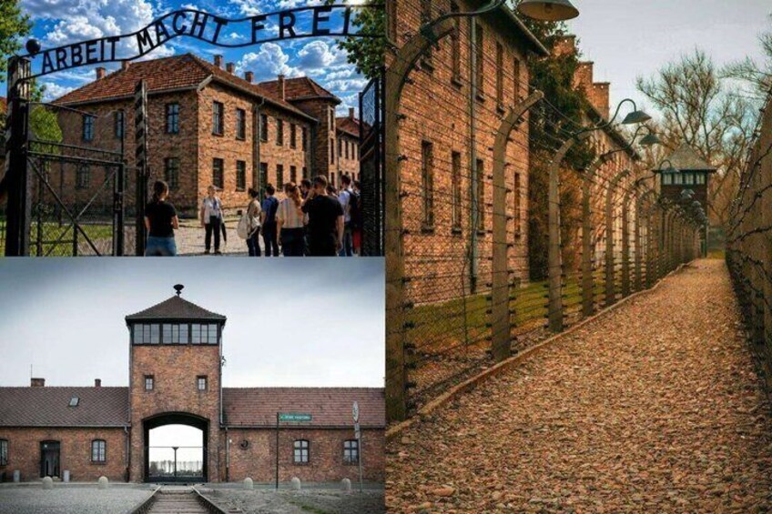 Un bâtiment en briques sur lequel est affiché un panneau portant l’inscription « ARBEIT MACHT FREI » et qui est entouré d’une clôture de barbelés. 1