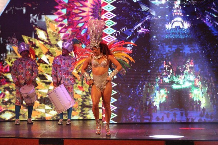 A performer in a colorful costume with a large headdress, standing on a stage with a digital backdrop. 5