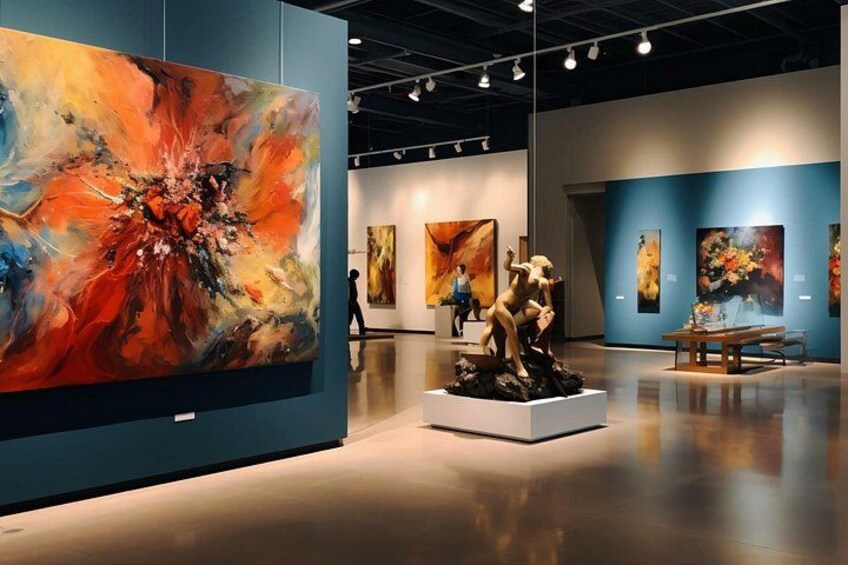 An art gallery with large paintings and sculptures. 4