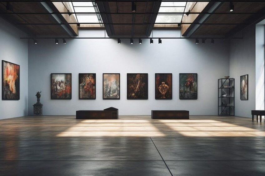 An art gallery with paintings on the walls and benches in the center. 2
