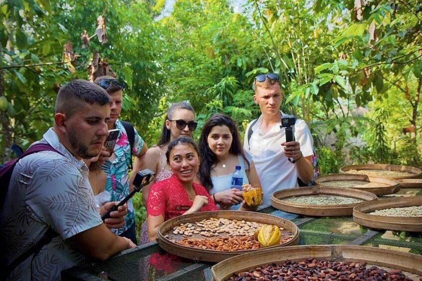 A group of people outdoors, some holding cameras, with various types of nuts and fruits displayed on a table. 2