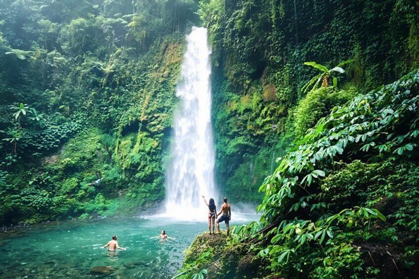 A waterfall, lush greenery, and people swimming in a clear pool. 1