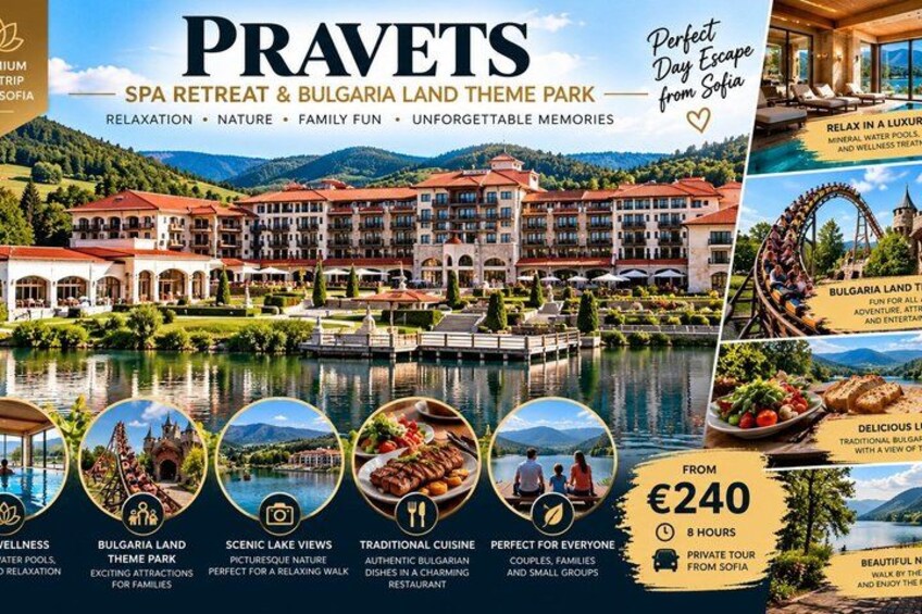 A spa retreat and Bulgaria land theme park with scenic lake views, traditional cuisine, and a private tour from Sofia. 1