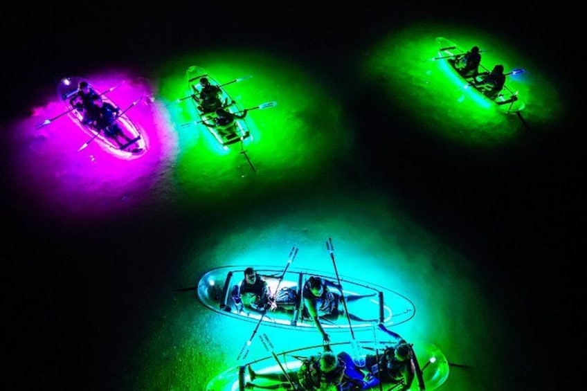 A group of boats with colorful lights, likely for a nighttime event. 3