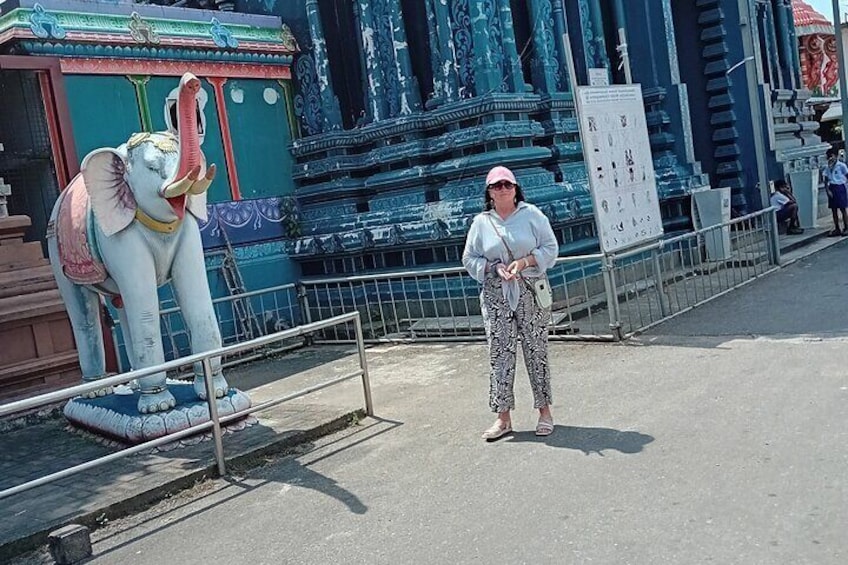 A person standing in front of a temple with a large elephant statue. 4