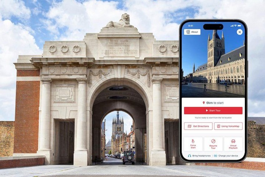 A historic archway with a smartphone displaying a travel app interface. 1