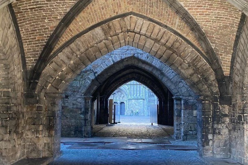 An arched stone corridor with a brick wall and a metal gate at the end. 5