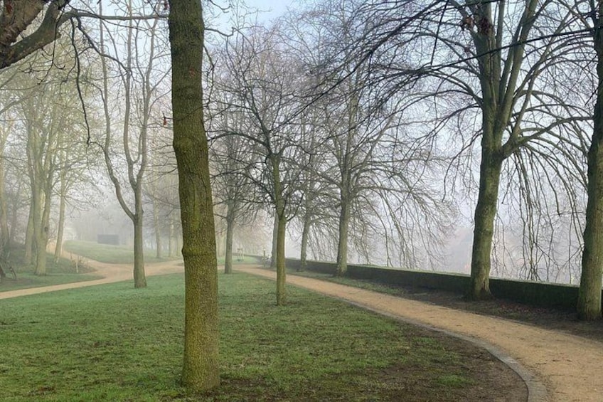 A park with a dirt path, leafless trees, and a grassy area. 3