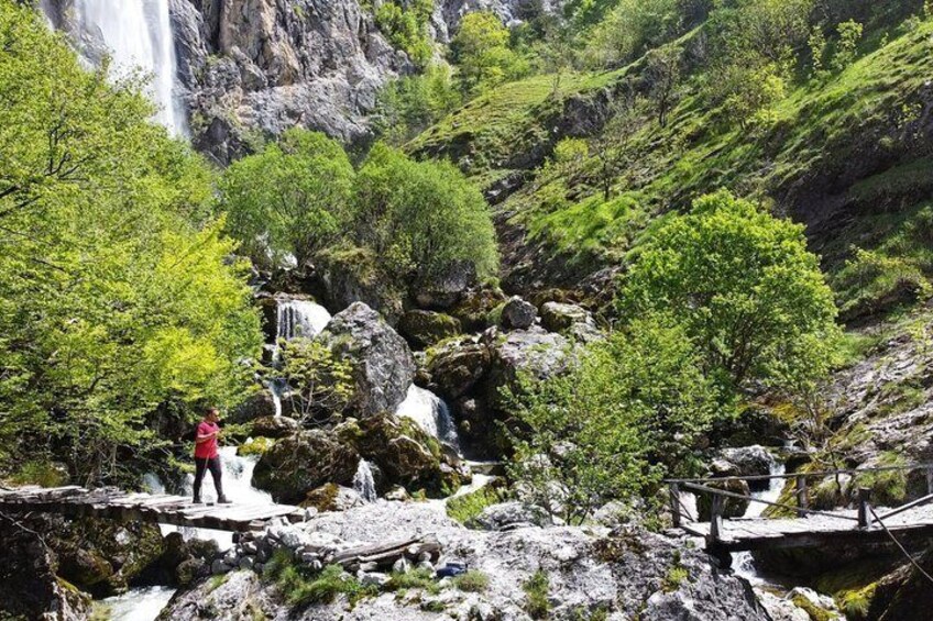 A waterfall, rocky terrain, and lush greenery. 5