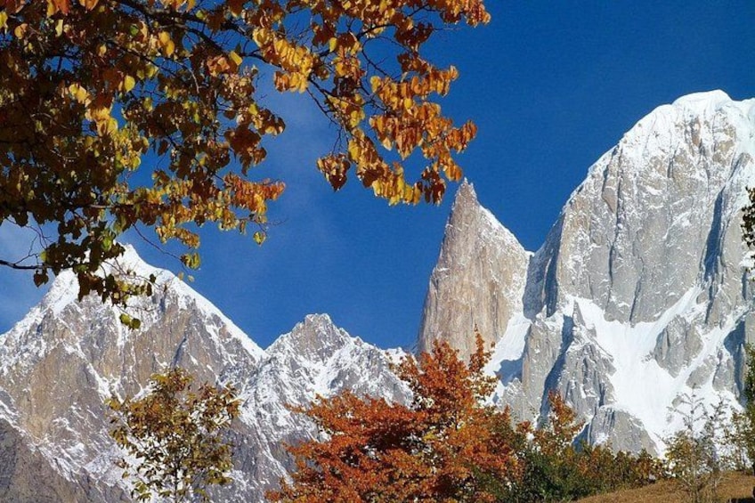 Cordillera con picos nevados, follaje otoñal y cielo azul despejado. 2