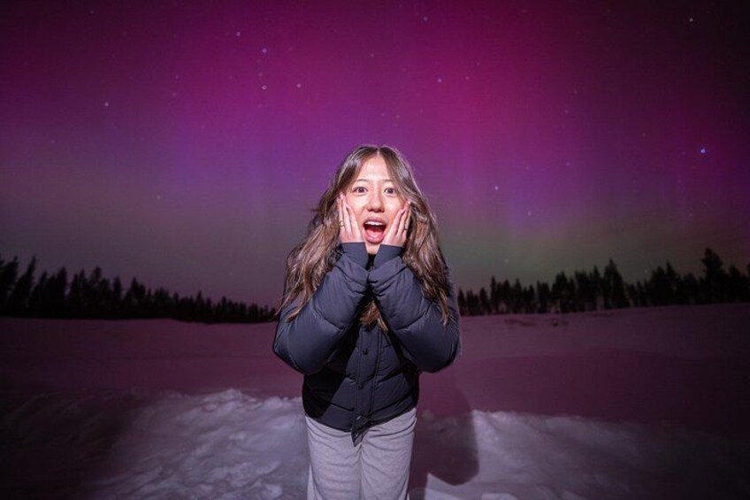 A person standing in a snowy landscape under a night sky with visible stars and the aurora borealis. 3