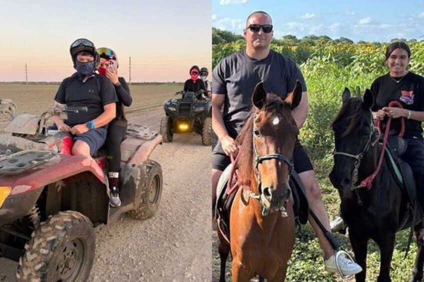 People on ATVs and horses in a rural setting. 1