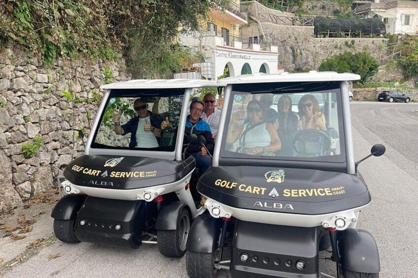 Two golf carts labeled 'Golf Cart A Service' parked on a street. 4