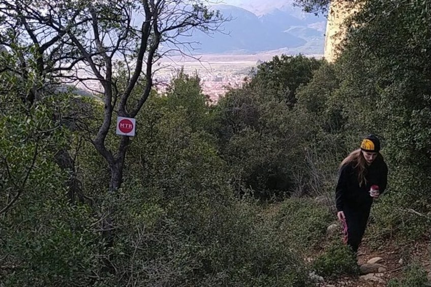 Una persona caminando por un sendero con vistas a una montaña al fondo. 4