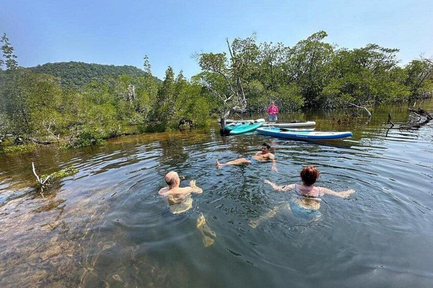 People swimming in a river surrounded by trees and boats. 3