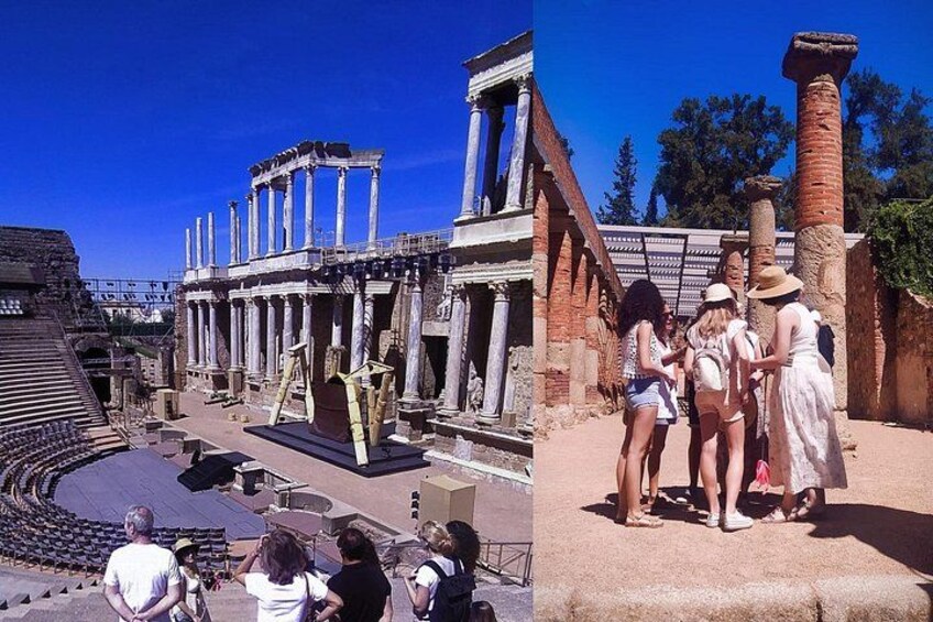 Ancient ruins with columns and a stage, and people exploring the site. 1