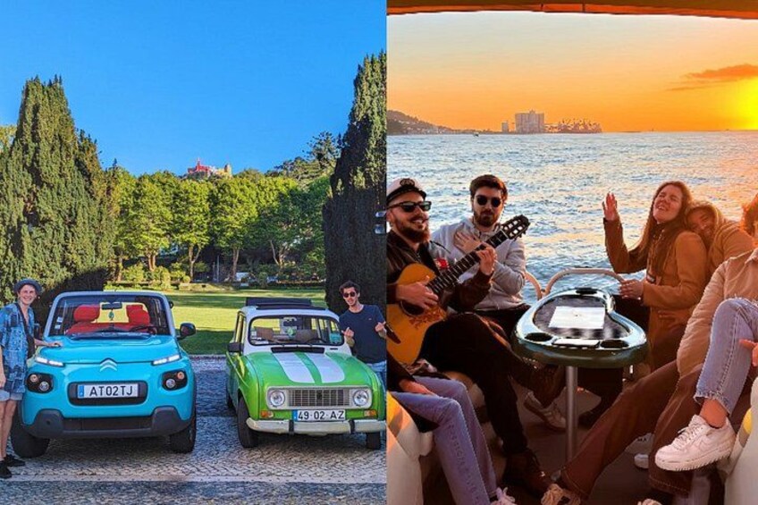 Två klassiska bilar står parkerade vid en väg, en person spelar gitarr och solen går ner över vattnet. 1