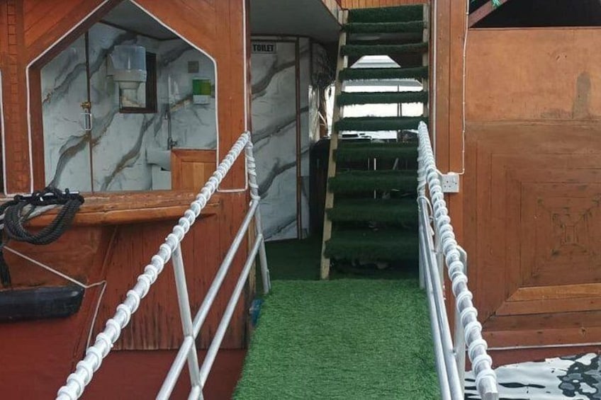 A narrow corridor with a wooden door, a staircase, and a green carpet. 4