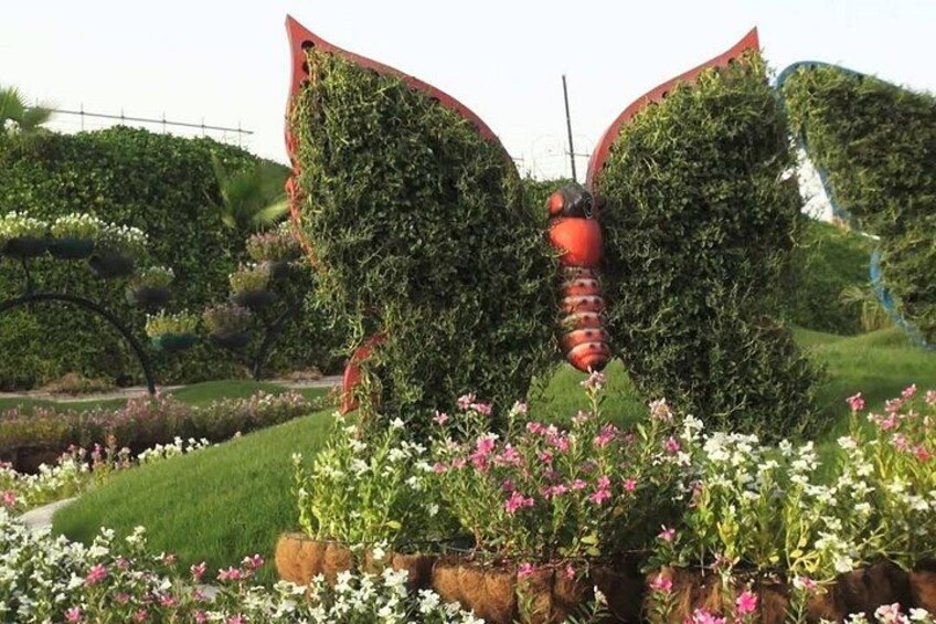 Een vlinder-vormige haagsculptuur omgeven door bloemen en groen. 3