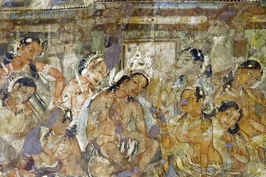 A fresco with figures in traditional attire, possibly depicting a historical or mythological scene. 1