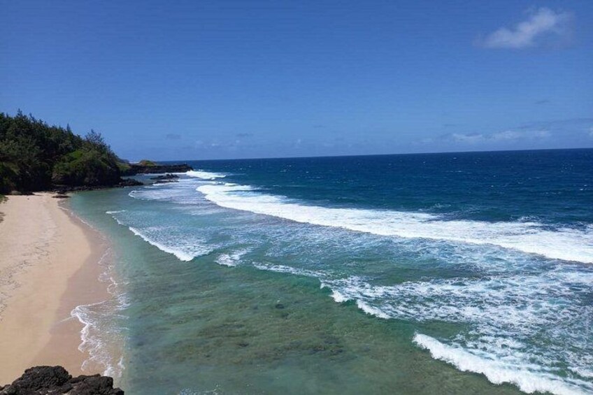 A beach with clear turquoise water, a sandy shore, and a forested area. 5