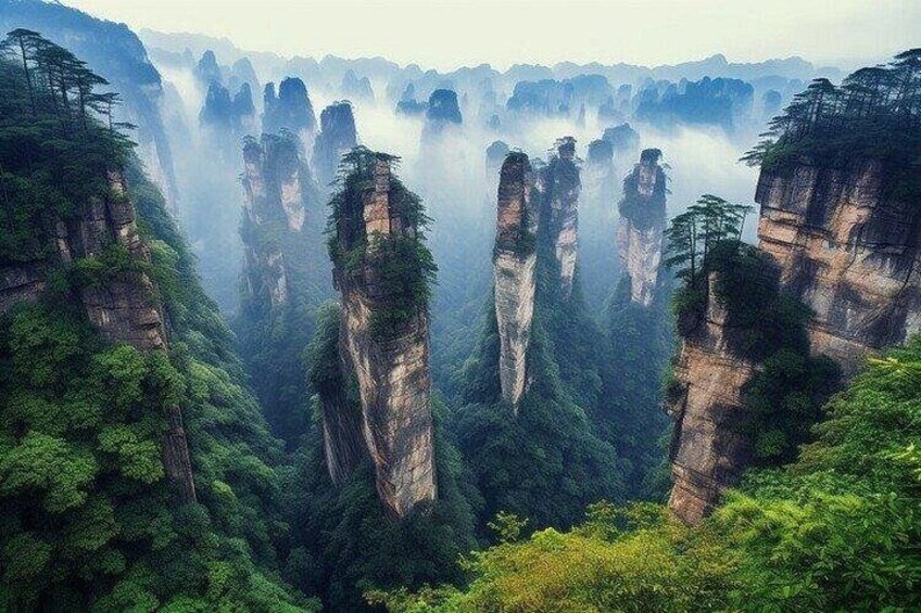 Towering rock formations with dense forest vegetation. 4