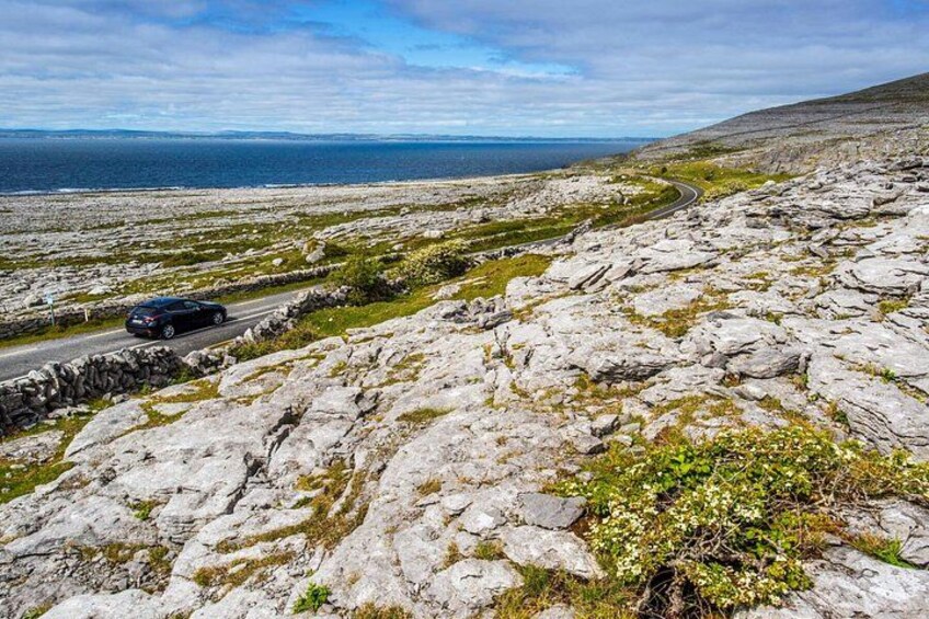A rocky coastal landscape with a winding road and a car. 2