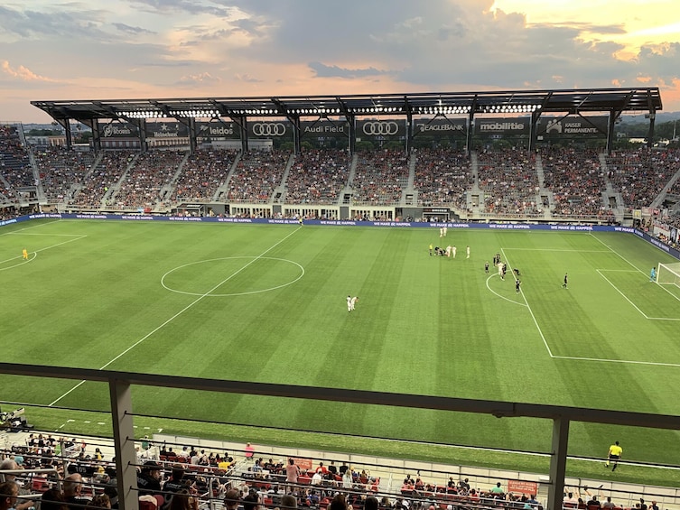 En fodboldstadion med grøn græsplæne, reklameskilte og et publikum af tilskuere. 1
