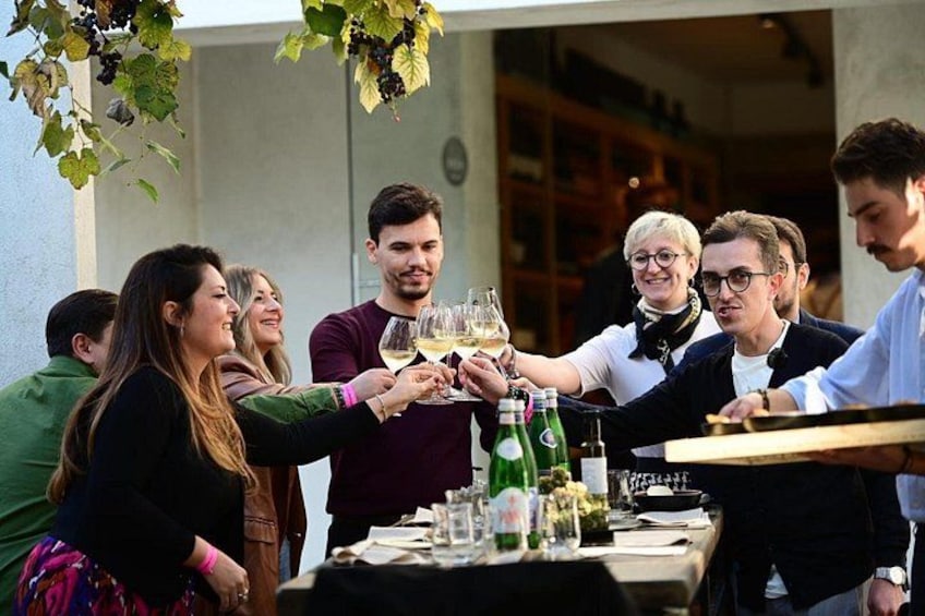 A group of people toasting with wine glasses at an outdoor table with bottles and glasses. 1
