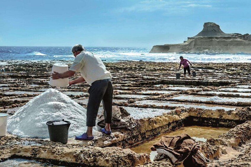 Two people working on a rocky beach with a large mound in the background. 2