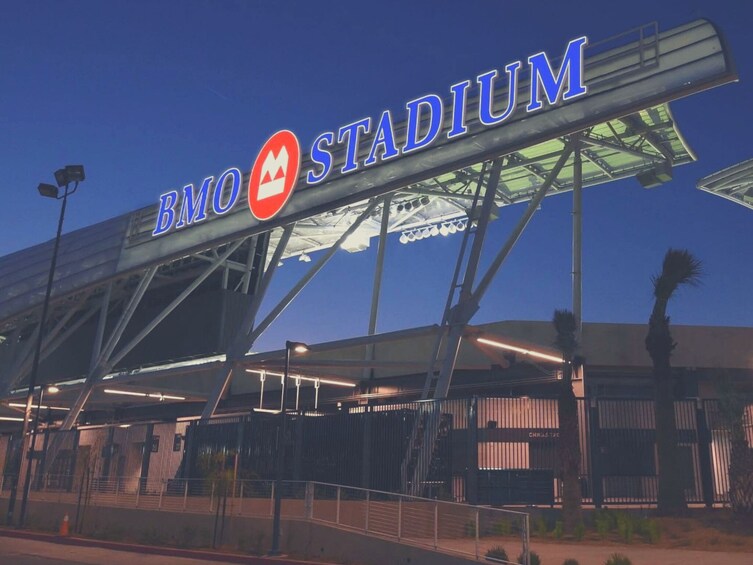 BMO Stadium with its distinctive signage and structural design. 4