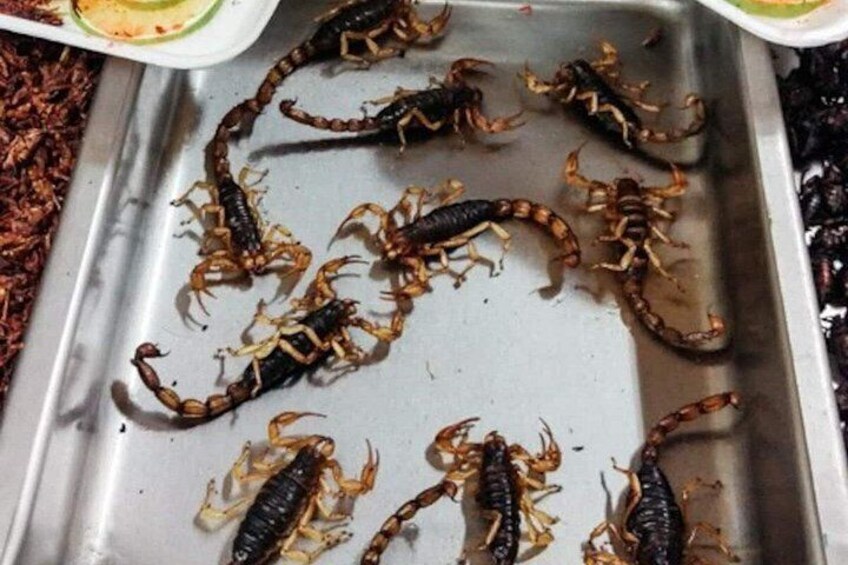 A tray with cooked scorpions. 5