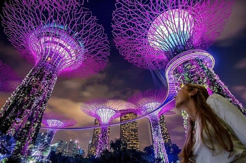 A cityscape with illuminated structures resembling tree-like structures and a person in the foreground. 1