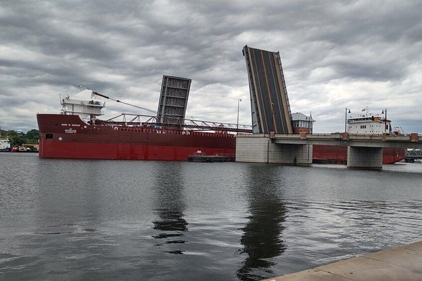 Een groot rood vrachtschip dat onder een brug doorvaart. 3