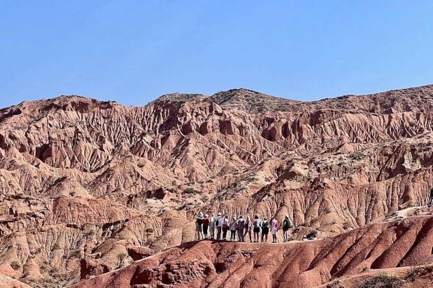 A group of people standing on a rocky outcrop with a rugged, layered mountain landscape in the background. 4