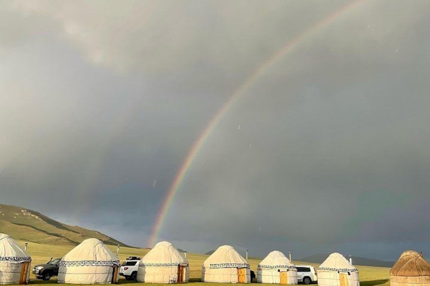 Yurts, a rainbow, and a cloudy sky. 3