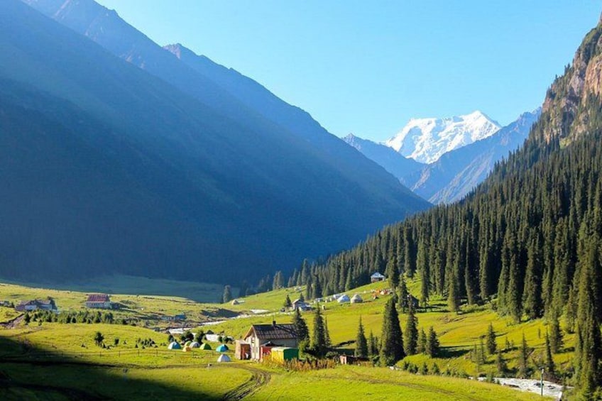 A mountainous landscape with a village, green fields, and a snow-capped peak in the background. 1