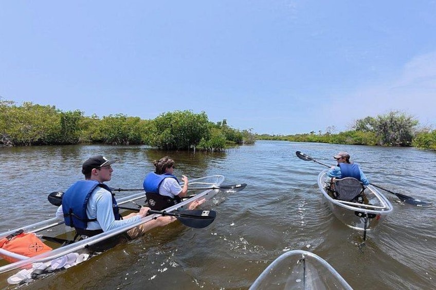 Three people kayaking on a calm river surrounded by greenery. 2