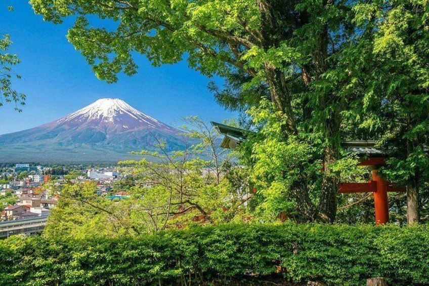 A view of Mount Fuji, a red torii gate, and a town in the foreground. 4